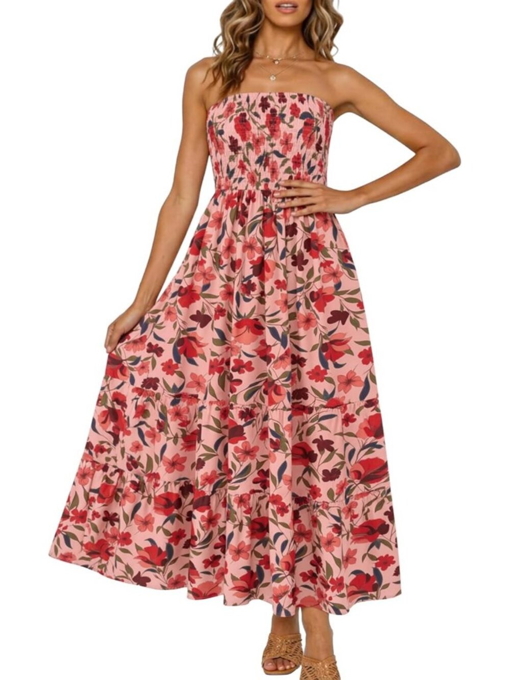 Women's Vintage Pink Summer Boho Strapless Maxi Off Shoulder Smocked Flowy Dress